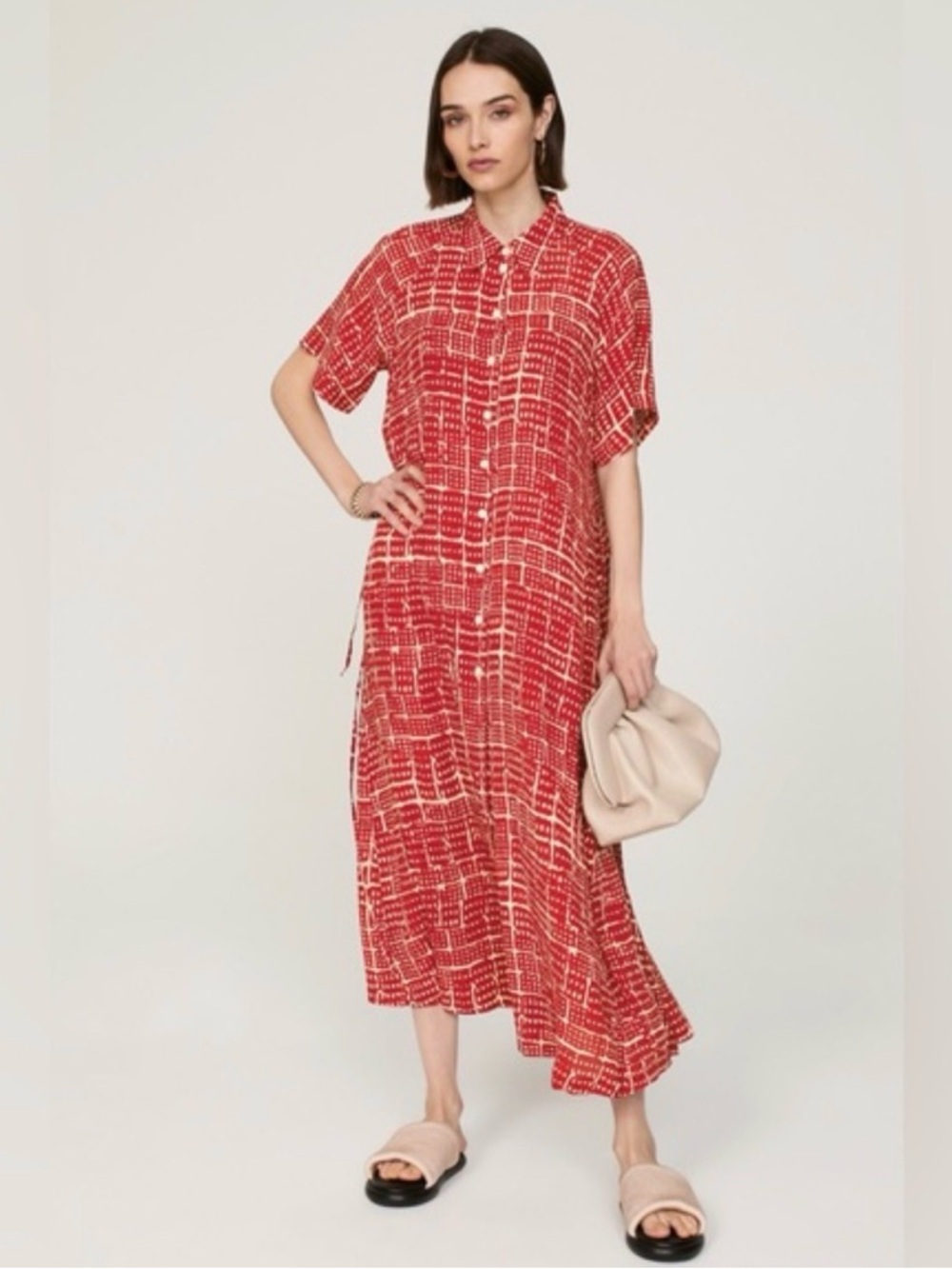 Rosetta Getty Midi Dress Women’s XS Red Geometric Ties Short Sleeves Oversized